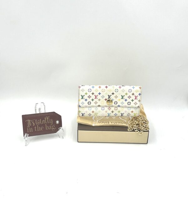 Authentic Louis Vuitton Sarah Multicolor wallet, white, with LV box, LV dustbag, and free new organizer to wear as a wallet on a chain/crossbody and free new gold crossbody chain