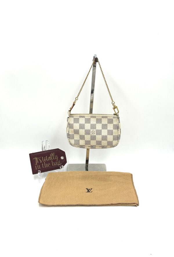 Authentic Louis Vuitton Damier Azur Mini Pochette Accesoires with LV chain strap, LV dustbag and generic crossbody chain included