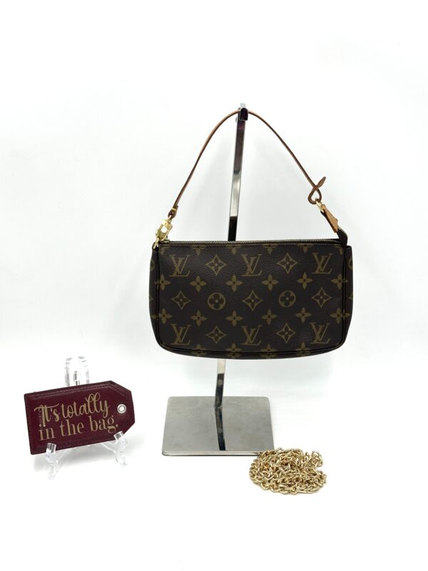 Authentic Louis Vuitton Pochette Accessoires with LV leather short strap and generic crossbody gold chain included