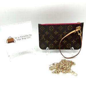 Authentic Louis Vuitton Neverfull PM Pouch, Pivoine with LV wrist strap and generic crossbody chain included
