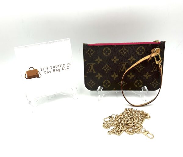 Authentic Louis Vuitton Neverfull PM Pouch, Pivoine with LV wrist strap and generic crossbody chain included