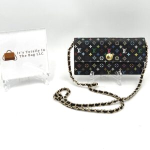Authentic Louis Vuitton Black Multicolor Murakami Sarah Wallet with organizer and generic matching black chain included