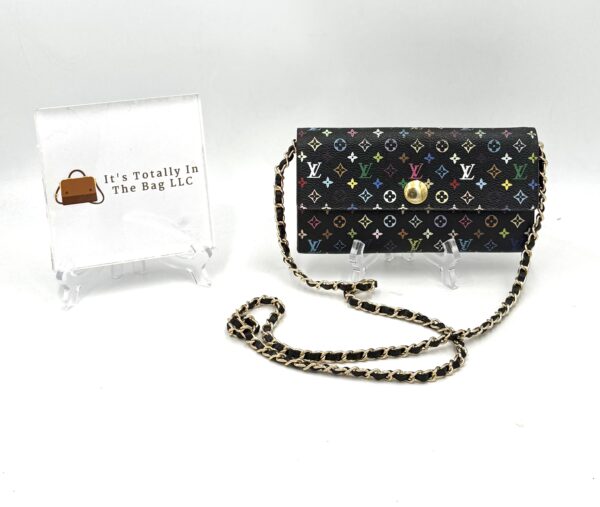 Authentic Louis Vuitton Black Multicolor Murakami Sarah Wallet with organizer and generic matching black chain included